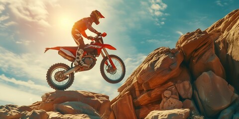 Motocross rider in action on the rocks - obrazy, fototapety, plakaty
