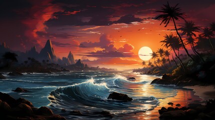 A vibrant crimson sunset over a tranquil ocean