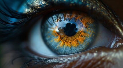 Close Up of a Persons Blue Eye with yellow flower reflection 