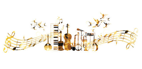 Goldenl music instruments background with hummingbirds.   © abstract