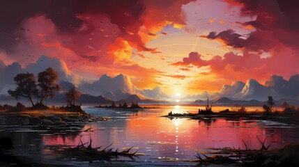 A vibrant orange and pink sunset painting the sky with a fiery palette of colors