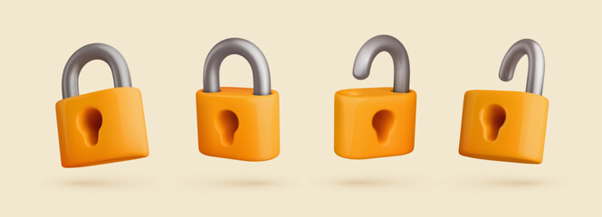 Yellow cartoon padlocks set 3d vector illustration. Locked and unlocked isolated locks with keyhole collection on white background - obrazy, fototapety, plakaty
