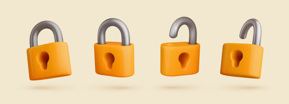 Yellow cartoon padlocks set 3d vector illustration. Locked and unlocked isolated locks with keyhole collection on white background