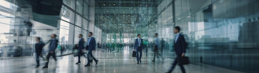 Long exposure image of fast-moving people silhouettes in bright office lobby, abstract blur, cold color palette, representing corporate activity, website header, copy space. Generative AI	
