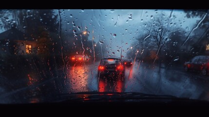 view from a window of a car, rainy day in small town