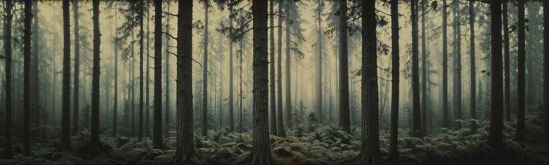 Vintage forest scenery with tall trees and fern-covered ground in dense fog. Nostalgic woodland landscape, misty atmosphere, nature background for website header with copy space. Generative AI