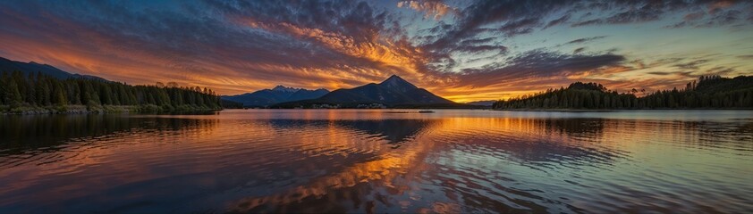 Golden sunset over the lake, majestic mountains in the background, travel and adventure, serene natural beauty, website header, copy space. Generative AI