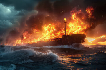Old boat on fire with high flames - obrazy, fototapety, plakaty