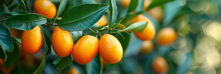 Many ripe kumquat fruits in garden, , banner - obrazy, fototapety, plakaty
