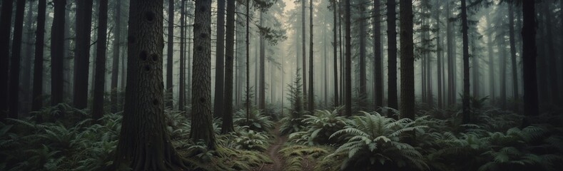 Foggy forest with tall trees and lush ferns on the ground. Dense woodland landscape, misty atmosphere, nature background for website header with copy space. Generative AI