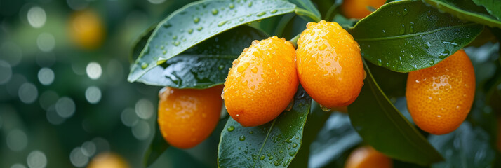 Fortunella margarita Kumquats cumquats foliage and oval fruits on kumquat tree, banner