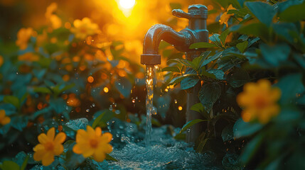 Garden faucet increases water prices, helps the world, saves water. - obrazy, fototapety, plakaty