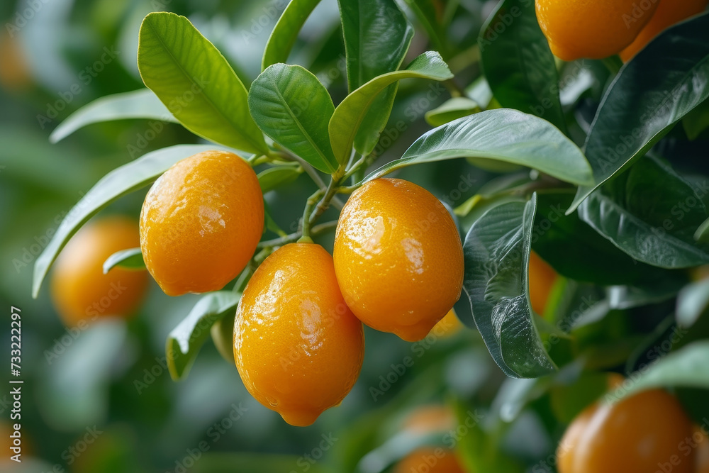 Wall mural Many ripe kumquat fruits in garden 