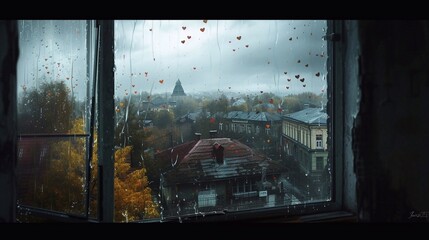 view from a window, rainy day in small town