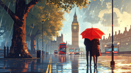 3d illustration, street view of london. Artwork. Big ben. man and woman under a red umbrella, bus and road. Tree. England
