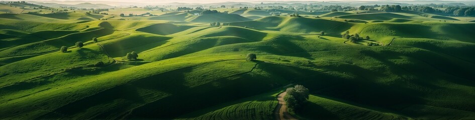 Aerial view of green fields, rolling hills, and rural environment, pure nature, pristine nature scenery, untouched wilderness, website header, copy space. Generative AI - obrazy, fototapety, plakaty