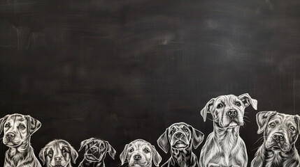Hand drawn chalk blackboard drawings of various dogs with copyspace - obrazy, fototapety, plakaty