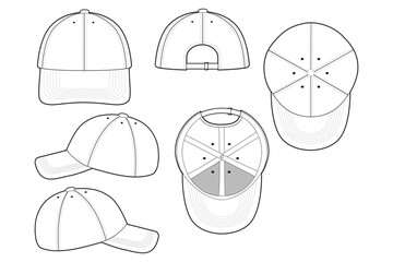 6 Panel Baseball Hat Technical Drawing Illustration Blank Streetwear Mock-up Template for Design and Tech Packs CAD Dad Hat