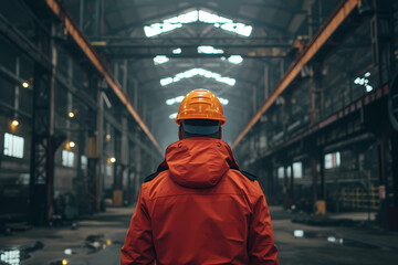 orange jacket standing in an industrial warehouse