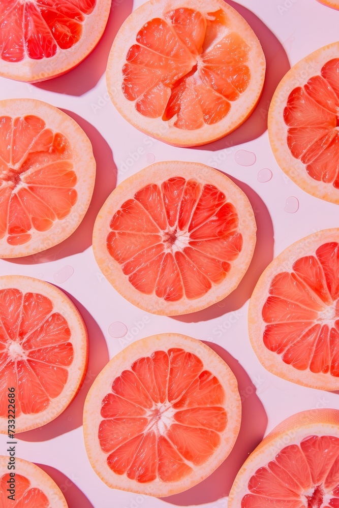 Poster A bunch of grapefruit cut in half displayed on a table.