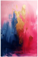 An abstract painting featuring a vibrant combination of pink, blue, and yellow colors.