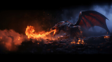 Fire breathes explode from a giant dragon in a black night, the epic battle evil - concept art