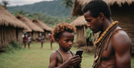 African Native Man With His Son Studying Smartphone In Their African Straw Village. Concept of digitalization of the world and wild tribes. The development of civilization. - obrazy, fototapety, plakaty
