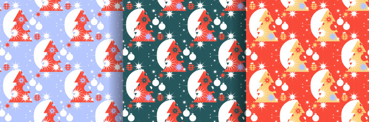 Fototapeta na wymiar Flat Christmas tree balls decorations seamless pattern set. Bright Trendy holidays background, wallpaper, wrapping paper, textile, print, layout