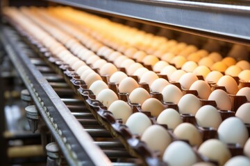 Egg production and consumerism in automated farming. - obrazy, fototapety, plakaty