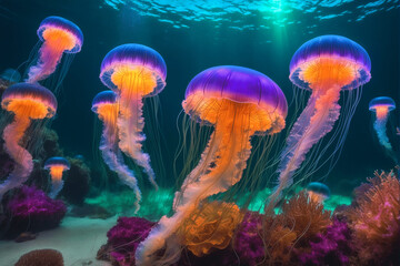 Fototapeta na wymiar Colorful bright jellyfish swim in the depths of the sea. Huge venomous purple jellyfish with long tentacles swim in the ocean or sea