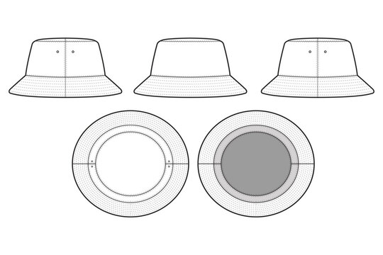 Bucket Hat Technical Drawing Illustration Blank Streetwear Mock-up Template for Design and Tech Packs CAD Sketch Template Headwear	