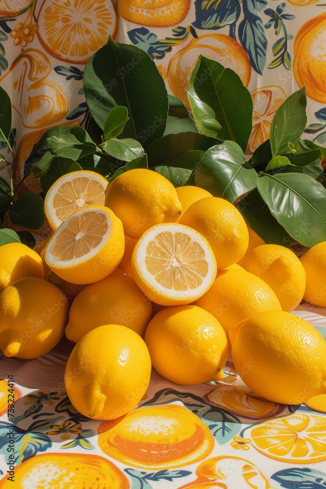 Poster a neat arrangement of lemons forming a pile on top of a table.