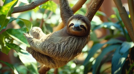Quirky sloths hanging lazily from tree branches, their slow movements adding charm to their sleepy demeanor