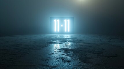 A minimalist photo of a digital clock displaying 11:11, against a stark, illuminated background - obrazy, fototapety, plakaty