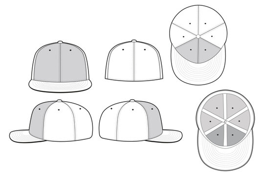 Fitted Cap Hat Vector Technical Drawing Illustration Blank Streetwear Mock-up Template for Design and Tech Packs CAD Brim Baseball Hat