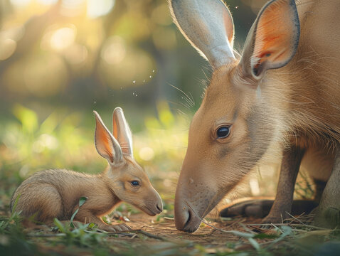 A mother aardvark and her baby graze in a sunlit grassy field.
