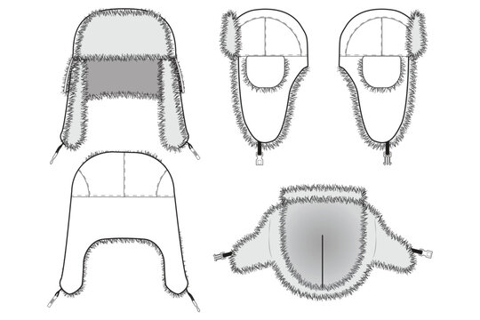 Fur Lined Ushanka Trapper Winter Hat Cap Flat Illustration Cad Accessory Winter Streetwear Mockup Blank Vector Faux Fur Strap Cold