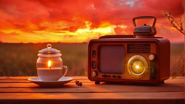 listen to the radio and a cup coffee .