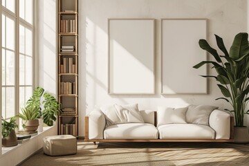 Mock up frame in bedroom interior, beige room with natural wooden furniture, 