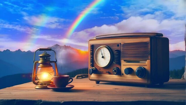 old antique radio and a cup of hot tea near the window with vintage atmosphere and old timey effects. Seamless looping 4K video background.
