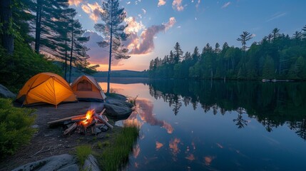 Capture the tranquility of a lakeside campsite: calm waters reflecting the sky, a crackling campfire, tents nestled among trees, inviting viewers to immerse themselves in the serenity of nature