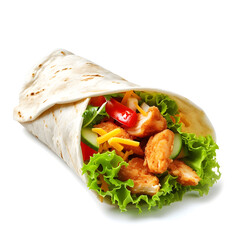 Tortilla wrap with fried chicken meat and vegetables isolated on white background, close up