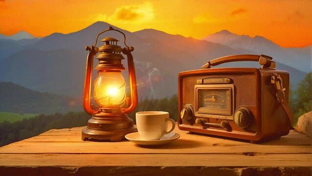 Old antique radio and a hot cup of coffee by the window with a vintage atmosphere and old time effect. Seamless looping 4K video background.
