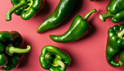 A bunch of green peppers on a red background