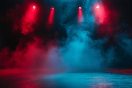Red Smoke on a dark background. Dark empty room with rays of light, searchlight. Color correction, background.