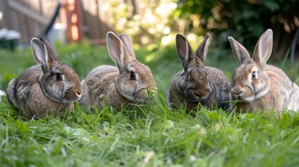 Fototapeta na wymiar Cute rabbits nibbling on fresh green grass, their fluffy tails twitching with contentment