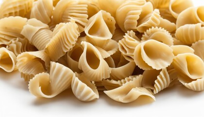 A pile of pasta shells on a white background