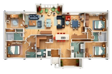 Detailed illustration of a furnished lived in single family home floor plan from above isolated on a white background, Decorated single family . Ai generated