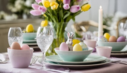 A table set with plates, bowls, wine glasses, and eggs