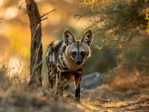 An aardwolf standing in the golden light of sunset amidst the savannah grasses.